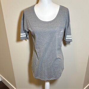 District Gray Scoop Neck Short Sleeve Tee with White Sleeve Stripes